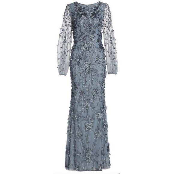Theia $1295 Floral Mesh Long-Sleeve Gown Blue Formal Evening Dress Size 4 NWT - Picture 5 of 10